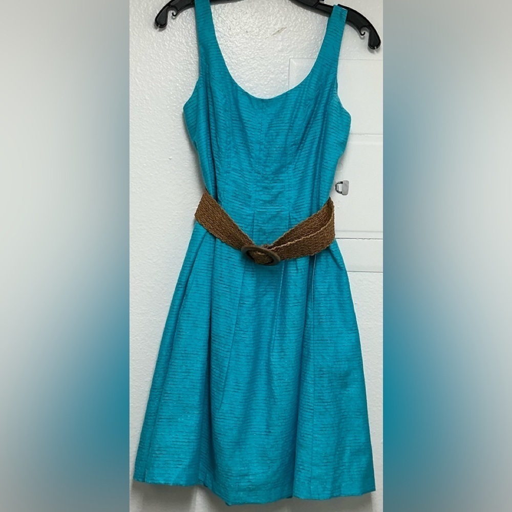Nine West Textured Sleeveless Fit & Flare With Raffia Belt in Turquoise Blue - Picture 2 of 5